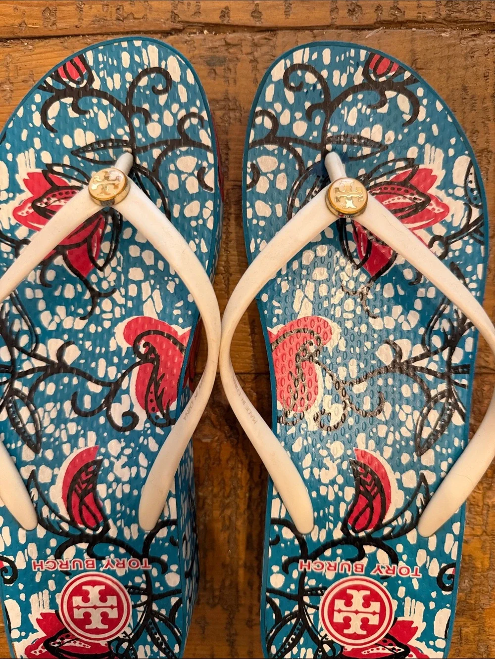 Tory Burch “Thandie” Blue & Pink Floral Platform Sandals with White Straps